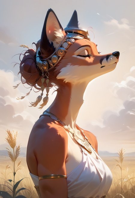score_9, score_8_up, score_8, score_9, solo, upper body, side view, anthro, furry, (fox, vixen), girl, walking through wheat field like scene from Gladiator movie, wearing ancient greek clothes and ancient greek helmet, bare shoulders, white deep V neck long dress, ((eyes closeup)), eyes wide open, pale green with yellow colors, fluffy fur, tuft. (athletic:1.4), volumetric lighting, cinematic lighting, (bashful:1.5), (Wheat Fields:1.3), small village in a distance, outside, cloudy, light rain,