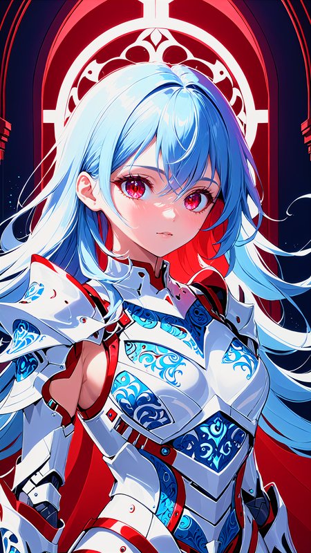front view, masterpiece, best quality, photorealistic, raw photo, (1girl, looking at viewer), long hair, mechanical white armor, intricate armor, delicate blue filigree, intricate filigree, red metallic parts, detailed part, (Schizowave), <lora:Schizowave:1.1>, dynamic pose, detailed background, dynamic lighting