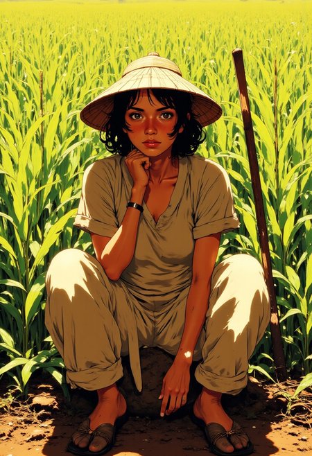 young lady farmer sits cross-legged on the ground directly in front of lush rice paddies that stretch toward the horizon. Her deeply wrinkled face tells the story of decades working under the tropical sun, with leathery skin creased by time and weather. Her eyes, though tired, reflect wisdom and a profound connection to the land she has tended all her life. SHe wears a traditional conical bamboo hat (caping) that casts subtle shadows across her weathered features while protecting him from the intense sunlight above.
Her attire is humble but practical - a plain, well-worn short-sleeve dress with sweat stains around the collar, simple loose-fitting leggings rolled up slightly at the ankles, and sturdy slippers caked with layers of dried mud from countless hours in the fields. The color of her clothing has faded from years of sun exposure and washing.
The farmer rests a wooden-handled hoe against her right shoulder, her calloused hand gripping it with the practiced ease of someone who has wielded this tool her  entire life. Her posture shows both weariness and quiet dignity. Behind him, the meticulously arranged rice plants stand in perfect rows, their vibrant green contrasting with the rich brown earth. The golden afternoon light bathes the scene, highlighting the textures of the paddies and the farmer's sun-baked skin. anime