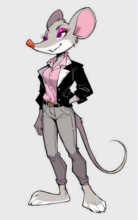 score_9, score_8_up, score_7_up,((best quality)), absurdres,((full body)),  <lora:3d-2d:0.8>,   <lora:TheaStiltonPXL:0.8>,TheaStiltonPXL,tail, makeup, mouse tail,eyeshadow, mouse ears, body fur,grey fur, purple eyes, animal nose, furry female, animal ears, barefoot,shirt, pink collared shirt, black jacket, jacket, pants, grey pants, open jacket,white background,slim