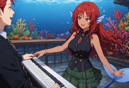 score_9, score_8_up, score_7_up, score_6_up, high resolution, gorgeous, absurdres, best quality, anime screencap, source_anime, Expressiveh, 1girl, Venus Lee, monster girl, mermaid, mermaid tail, head fins, red hair, long hair, red eyes, dark-skinned female, blue tail, large breasts, green skirt, plaid skirt, black vest, striped tie, tophat, bracelets, holding instrument, keyboard, underwater, coral reef, smile, playing, open mouth