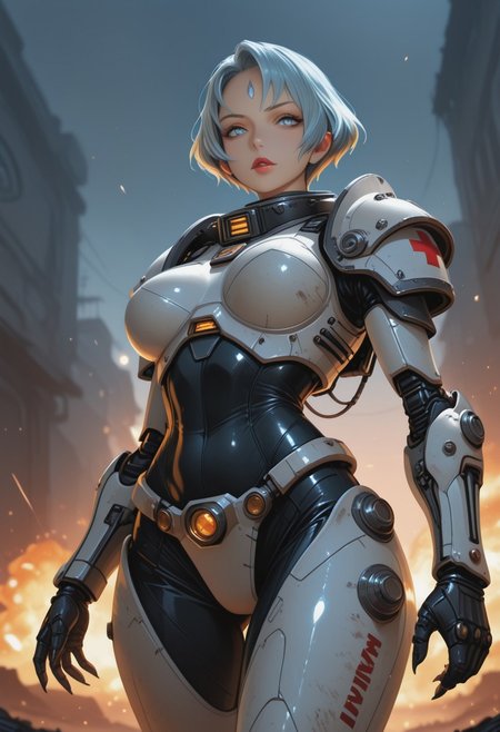 ultra realistic, masterpiece, high detailed skin, best quality, high res, very aesthetic, anime style, studio anime, source_ecchi, anime, (finely detailed face), (petite body:1.3), <lora:Majin_Kesselring_2_nai-000055:1>,Majin Kesselring, blue forehead jewel, sharp fingernails, eyelashes, large breasts, makeup, smokyeyes, mascara, puffy lips, glossy red lipstick, cinematic film still of a female combat-medic (space-marine:1.4), heavy white armor with red cross symbol and the words "medic", (motion-blur:1.4), running through a battlefield, explosions, tracer-shots, warhammer 40000, sci-fi, futuristic, dystopian future, technology, in the style of michael bay, in the style of zack snyder, in the style of christopher nolan, epic. orange & teal tones, shallow depth of field, vignette, highly detailed, high budget Hollywood movie, bokeh, cinemascope, moody, epic, gorgeous, film grain, grainy,  foreshortening, lascivious pose, creating a peaceful and tranquil atmosphere, (blurry background, depth of field:1.1), dynamic dutch angle, bright colors, stunningly artwork, close-up cowboy shot from below,