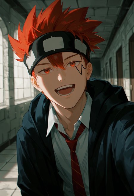 masterpiece, best quality, amazing quality, very aesthetic, absurdres, newest, detailed background, d0t3, 1boy, male focus, solo, red hair, red eyes, spiked hair, upper body, facial tattoo, headband, black cloak, white collared shirt, necktie, selfie, open mouth, wide smile, dormitory, hallway