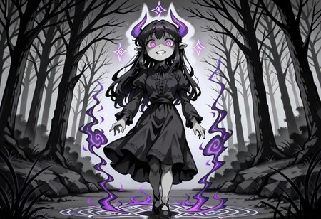 lazypos, character focused, child demon girl, jagged purple horns, glowing violet eyes, eerie smile, unsettling grin, long black dress, dripping magical claws, dark misty forest, shadowy tree silhouettes, glowing runes circle, writhing shadow tendrils, grayscale color palette, purple magic accents, gothic horror atmosphere, creepy anime style, low fog ground, cursed forest floor, haunting composition, ominous lighting, supernatural presence, eipelppastyle