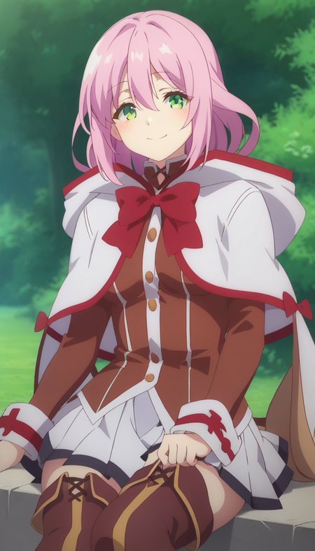score_9,score_8_up,score_7_up,score_6_up BREAK official art,solo,outdoors,upper body,(portrait:1.5),looking at viewer,facing viewer,smile,blush,Norun,medium hair,pink hair,sidelocks,hair between eyes,parted bangs,green eyes,hood,white capelet,cloak,hood,red bow,red bowtie,brown tailcoat,long sleeves,medium breasts,white skirt,pleated skirt,thigh boots,brown footwear,<lora:Norun(rh)-Pony:1.6>,