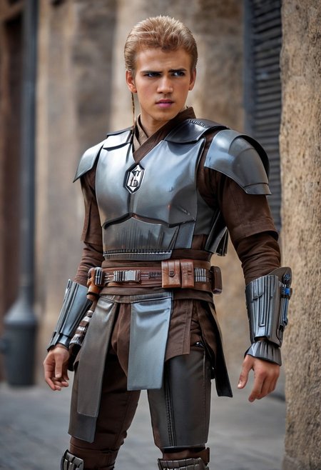 Anakin Skywalker, 18-years old, (((full-body))), blonde hair, bracers armor,7-MandalorianArmour, wide shot, street, Breathtaking, 8k resolution, extremely detailed, beautiful, establishing shot, artistic, hyperrealistic, ultra realistic render, extremely fine details, like-like render, cinematic lighting, dramatic volumetric lighting, masterpiece, light brazen, extremely detailed and beautiful face, 150mm, HDR10 <lora:Wowifier:0.69> <lora:Details:0.85>, starwars, sci-fi, fantasy, intricate, very very beautiful, elegant, neon light, highly detailed, concept art, soft light, hdri, smooth, sharp focus