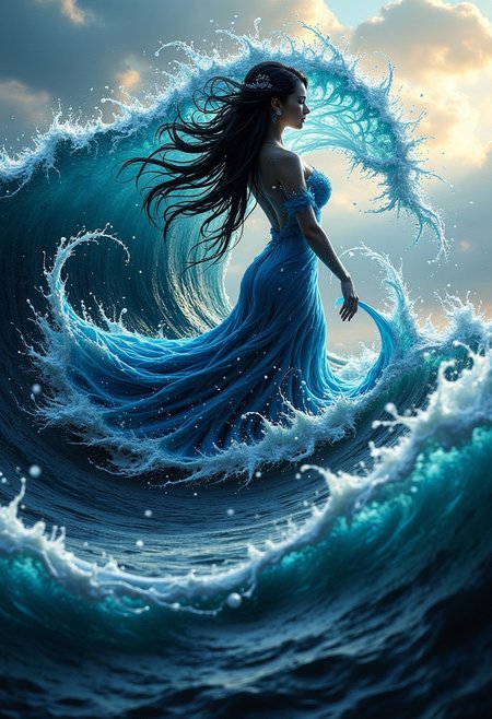masterpiece, an ocean wave transforms into a stunning oriental water spirit woman, erotic, sexy, made of ripples of water, abstract, fractal art. highest definition, HD32K, wallpaper, hyperdetailed, concept art