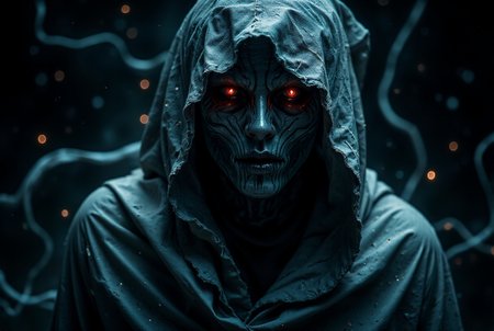 (alex grey art ambient lighting close-up stunning environment Face Splitting) masterpiece, best quality, ultra high res, beautiful, visually stunning, elegant, incredible details, award-winning art, , g0s1, ghost, hood, torn cloak, faceless, torn fabric, no humans, floating,  <lora:midjourney_whisper_flux_lora_v01:1>  electaln  <lora:Electaln-4:0.6>