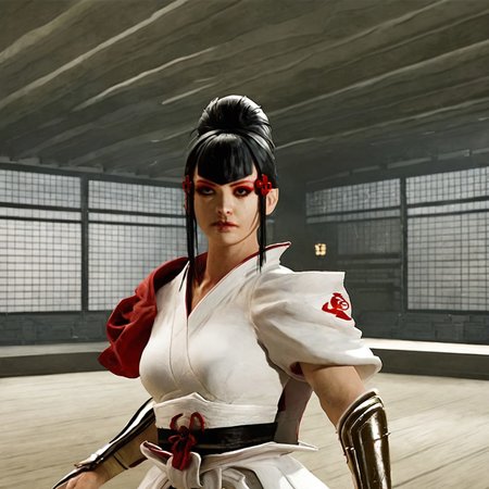 cinematic film still, saturated colors, negative space, 
1 adult woman, 
TKNKZMI, black hair, blunt bangs, 

(breaking bad style), face of Marie Schrader, (solo female focus), 
red eyeshadow, sidelocks, hair ornament, hair bun, white kimono, arm guards,

leading lines, 
backdrop is DOJO, scenery,