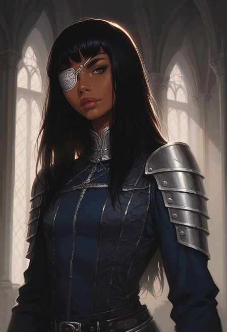 score_9, score_8_up, score_7_up, score_6_up, solo, dark hair, tan skin, (big lips:0.8), bangs, blue shirt, sleeves, small breasts, indoors, castle, dark eyebrows, proud, detailed, confident, toned body, belts, duelist, elegant, fancy clothing, (close up:1.2), g0thicPXL, shoulder armor, black armor, intricate, sunlight, portrait,  fully clothed, silver cape, eyepatch, fine details, realistic, skinny