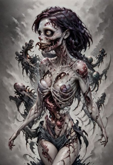 score_9, score_8_up, score_7_up, 8k, clean, clear details, no background, 1 girl, zkeleton, darktattoo, busty, cute, Ariel, ral-zmbyz, casual outfit, being bit by zombie, emerging from body, eat