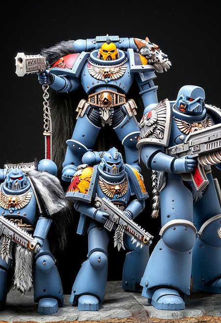 Absurdres, score_9_up, Source: Warhammer40K, Spacewolves Astartes chapter space marines wielding bolter guns, gray power armor with fur trim and astartes helmets, wolf motifs, (masterpiece), best quality, expressive eyes, perfect face, 1, space marine, Painstaking Attention To Details, 1990s \(style\), Vintage, Vintage comic book cover of White Dwarf Tabletop Adventures, project unreal engine, volumetric lighting, perfect anatomy, perfect hands, detailed_eye_model, black background, graffiti, blgstyle, ImperialF40k, <lora:PeopleCountSliderLoRAv1:2.0>, <lora:756af36b-d5fa-496f-b9a1-088c62f0c527:0.7>, <lora:6f3a2b85-aa03-4ab1-9f9a-e816ad4b1121:0.7>, <lora:cf26021c-0e88-4b06-9329-8702e6590716:0.7>, <lora:_raging_flames:0.7>, <lora:warhammerAdeptus_v1:0.7>, <lora:e6084b5e-a05d-475d-8afe-925ae03a434b:2.0>, <lora:b8dcc527-1d03-4fe2-ab9e-341ce407290f:0.7>, , , ,