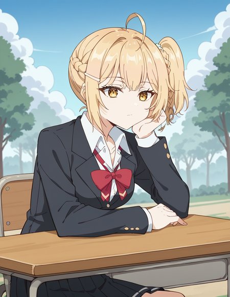 score_9, score_8_up, score_7_up, source_anime, <lora:nonoa-miyamae-s1-ponyxl-lora-nochekaiser:1>, nonoa miyamae, blonde hair, short hair, side ponytail, one side up, braid, hair ornament, yellow eyes, ahoge, hair clip, hair intakes,, shirt, bow, school uniform, jacket, white shirt, collared shirt, bowtie, red bow, blazer, red bowtie, black skirt, pleated skirt,, bike ride, countryside, dirt road, trees, afternoon sun, peaceful, alone, , , sitting, elbow rest, table,, solo,, cowboy shot, dutch angle
