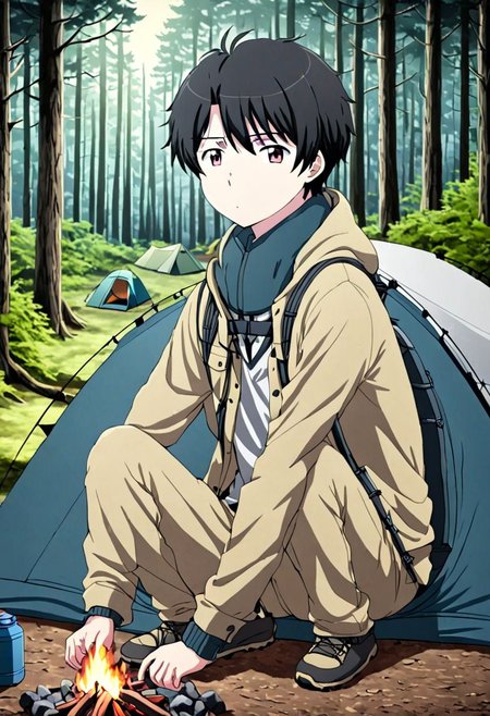 high resolution, solo, best quality, 1Boy, Inaho Kaizuka, Black Hair, forest, camping, OverallDetail