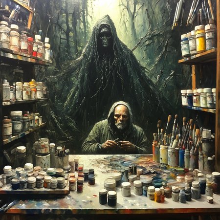 oneironartifex onefex a painting in a painting studio, old artist man and alien, very detailed<lora:oneironartifex:1.2>