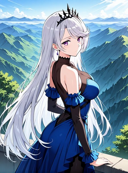 <lora:Beatrice_Alighieri_Spero (1):1>
long hair, white hair, (mole under eye:0.8), purple eyes, grey hair, black tiara, gem, swept bangs
earrings, blue dress, black bodysuit, covered collarbone, covered cleavage, bare shoulders, detached sleeves, frilled sleeves, sleeveless
score_9, score_8_up, score_7_up, source anime, BREAK,  cowboy shot, (from side), looking back, looking at viewer, overlooking mountain, high altitude, scenery, exterior, background, (solo), perfect hands