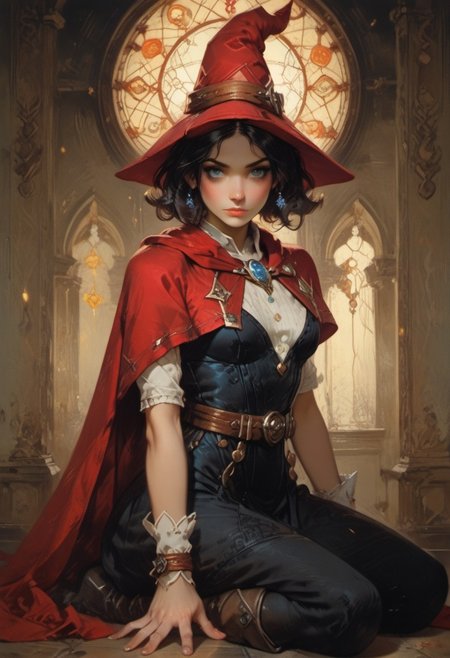 score_9, score_8_up, score_7_up, ((waist-up portrait, kneeling, face focus, eye focus, dynamic angle, motion)), 1girl, fantasy, (ph4nt0m01l), (Tarot Card Style), witchkiri, (sexy witch costume), (witch hat), lace, cape, breathless intimacy, tanned skin, petite model bombshell, heart, young, delicate features, narrow pointy nose, tiny nose, brown hair, medium length hair, bob cut, lust, big eyes, seductive eyes, blue eyes, detailed skin, flared lashes, mascara, makeup, perky medium breasts, athletic body, narrow waist, skinny hips,
warm light, detailed, neon dark party, candles, ((occult))
 BREAK
milky way, runes, arcane, astral, surreal, ethereal glow, masterpiece, best quality, intricate design. colorful, moonlit nightsky, stained glass aesthetic, moody whimsical color palette, murano glass, bold soldering lines, volumetric light shining through, crepuscular rays, intricate craftsmanship, detailed texture, luminous transparency, reflective light play, vivid hues, atmospheric depth, enchanting silhouette, art nouveau,