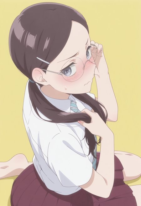 anime screencap, anime coloring, <lora:DX888RikaIL:1> sonezaki rika, grey eyes, black hair, long hair , ponytail, parted bangs, hairclip, BREAK simple background, yellow background,  BREAK  glasses, school uniforme, white shirt, striped necktie, skirt,  BREAK     1girl, closed mouth, embarrassed, hand in own hair, hands in hair, holding, holding own hair, looking at viewer,  nose blush,  sidelocks, sweatdrop, (twintails:1.3), upper body,  from side, from above,  wariza, soles,