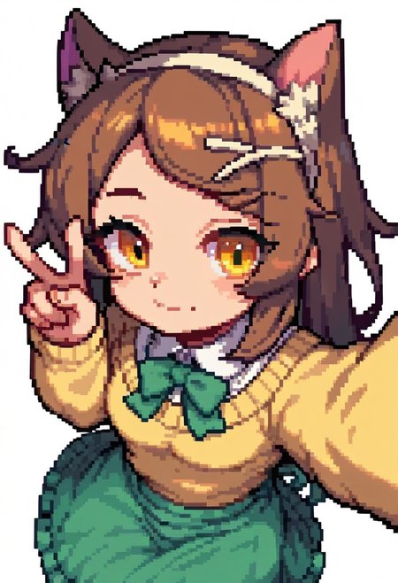 score_9, score_8_up, score_7_up, source_anime, 1girl, brown hair, long hair, yellow eyes, small breasts, bow hairband, green bow, hairclip, x hair ornament, yellow sweater, wool sweater, heavy sweater, fluffy sweater, closed sweater, white undershirt, green skirt, white collar, black ribbon tie, long skirt, full-length skirt, covered legs, multicolored ribbon, striped stockings, virtual youtuber, simple background, white background, focus on face, selfie, v, from above,, cat girl, pixel art
