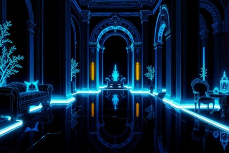 <lora:DGLO_style_v.6:0.85>
This stunning illustration depicts a luxurious, futuristic interior space rendered in an elegant neon-like glowing line art style. The space is defined by intricate architectural details and furniture, outlined in bright electric-white and faint blue luminescent lines, creating an ethereal and otherworldly atmosphere. The contrast between the radiant glowing lines and the solid black background enhances the depth and sophistication of the room, evoking a sense of high-end modern design infused with surreal energy. The polished, mirror-like black marble floor adds a powerful reflective quality, doubling the glowing lines and forming perfect, slightly rippled reflections that amplify the roomâs luminous energy. Key features, such as tall door frames, arched windows, and elegant furniture pieces, are accentuated by glowing contours, their shapes radiating soft halos of light that diffuse gently into the darkness. Subtle accents of warm golden hues run along the edges of the floor and ceiling, creating a dynamic interplay between cool white tones and soft warmth. The faint glow of **decorative light fixtures**, outlined with intricate linework, adds an elegant touch, casting delicate reflections and enhancing the surreal neon ambiance. The overall composition combines architectural precision and atmospheric illumination, transforming this luxurious space into a glowing, dreamlike environment reminiscent of a futuristic penthouse or ethereal lounge. Rendered with meticulous attention to detail and a focus on contrast, light diffusion, and reflective surfaces, this image evokes a perfect balance of modern sophistication and luminous wonder, blending dark elegance with a radiant neon aesthetic.