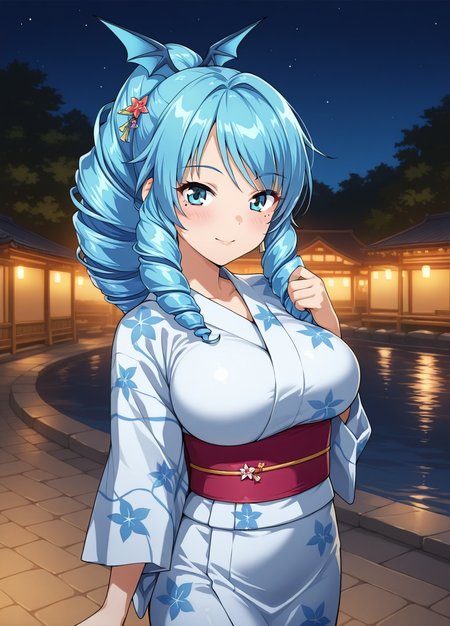 1girl,  warin, long hair, drill hair, high ponytail, blue hair, blue eyes, mole under eye, large breasts, hair ornament, earrings, <lora:warin_IL:1>
yukata, night, outdoor, cowboy shot, 
masterpiece, best quality,