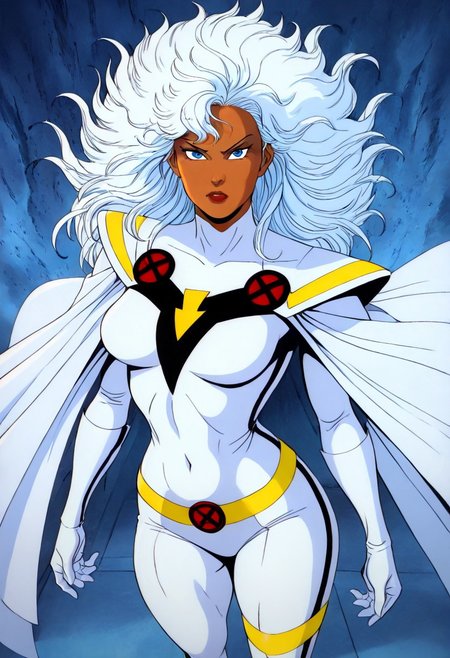 masterpiece, best quality, newest, absurdres, highres, 
X-1990STV1.0, 
1girl, storm_(x-men), dark skinned female, white bodysuit, white hair, long hair, blue eyes, cape, white cape,