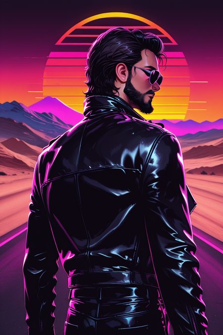 1boy, solo, alone ,male, beard, from behind, sunglasses, leather jacket,  desert, road, mountain,  <lora:synthwave_style_illustriousXL-000021:1>, synthwave_style, horizontal striped sun, masterpiece, highres