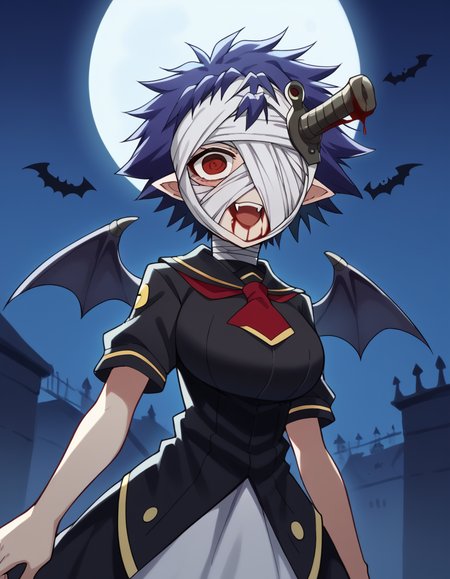 score_9, score_8_up, score_7_up, source_anime, <lora:youka-naze-s2-ponyxl-lora-nochekaiser:1>, youka naze, short hair, large breasts, red eyes, blue hair, bandages, bandage over one eye, <lora:vampire-ponyxl-lora-nochekaiser:1>, vampire, red eyes, pointy ears, fangs, black dress, wings, blood, blood on face, blood on mouth, bat (animal), halloween, halloween costume, upper teeth only, night, moon, blush, smile, open mouth, , dutch angle, cowboy shot