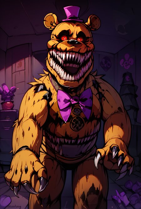 score_9, score_8_up, score_7_up,,  good quality ,, character focus, solo, , best quality , detailed background,  <lora:fredmare-10:1> fredmare, purple top hat, , teeth, no humans, purple bowtie, sharp teeth, claws, red eyes, bear, mini hat, , simple  , dark room, dark scene,  <lora:Mike_Mignola-guy90-Pony-Lycorisv1:1> alomik