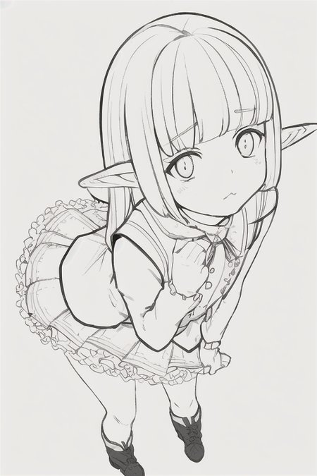 (realistic:0.2), anime illustration of (Mare Bello Fiore:1.1), full body, detailed, (realistic:0.2), 
short skirt, cute face, clear eyes, elf ears,  white background
simple background, cute girl, young girl, sunny day, with shadows, clouds (masterpiece),
<lora:auraAndMareBellaFiora_v10:0.7>,
<lora:animeLineartStyle_v20Offset:0.4> monochrome, lineart,