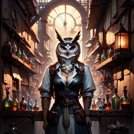 score_9, score_8_up, score_7_up, Owlfolk, feminine owl alchemist, building a clock work robot, in a curio shop, long copper colored feather, tinker-alchemist preparing potions and gadgets, goggles on head,  (Alchemy and Tinker shop, blueprints on walls, tools, potions, bottles, workbench, wooden walls, wood furniture, schematics on wall, blueprints on wall, Interior:1.1)
(Cleavage:1.2), skirt, leather belt, Brown Backpack, too many pouches,