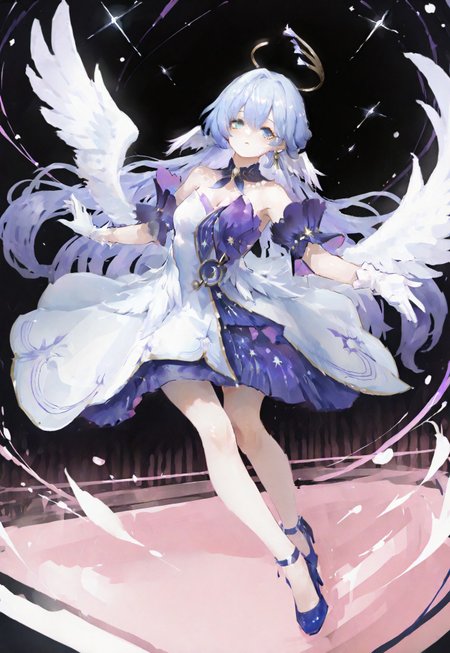 volumetric lighting, ambient occlusion, luminescent background, masterpiece, very awa, simple background,dynamic pose, cinematic shot, idol, stars
BREAK
robin \(honkai: star rail\),sleeveless dress, halo, white gloves, earrings, detached sleeves, detached collar, head wings, blue pumps, angel, angel wings