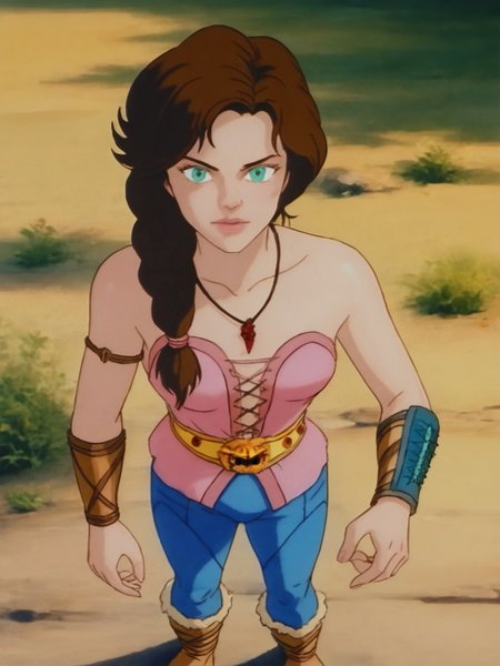score_9, score_8_up, score_7_up,1girl,  solo, jezmineconanadv, turquoise eyes, brunette hair, long hair, braid, <lora:100_jezmine_pdxl:1>, pink jez bustier, deep cleavage, armband, necklace, looking at viewer, medium breasts, bare shoulders,  blue stitched pants, gold belt, bracers, vambrace, outdoors, standing, fur trimmed boots, view from above