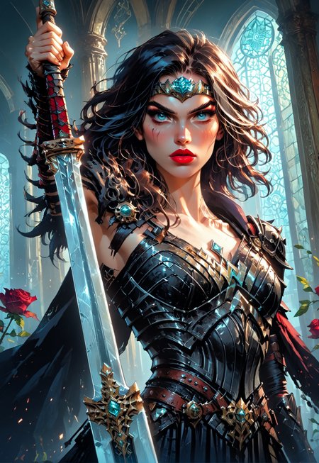 safe_pos, safe_pos, Stable_Yogis_PDXL_Positives, ((score_9, score_8_up, score_7_up)), ((face focus, eye focus, dynamic angle, motion)), (((Wielding sword))), (((holding weapon, holding sword, huge sword))), ((full-figure portrait, heroic stance, powerful stance, dynamic stance)), cherrmous style,<lora:AbsoluteWonderWoman-10:1>, <lora:GwentStyle_v2:0.65>, <lora:sxz-valorant-smol-v2-pdxl:0.8>, <lora:sinfully_stylish_PONY_0.2:0.35>, <lora:Fant5yP0ny:0.80>,  <lora:EnvyPonyPrettyEyes01:0.25>, gwentstyle, valorant style,
BREAK,
(1girl, solo, fantasy), ((pureerosface_xl)), ((AbsoluteWonderWomanMarlo,1girl,long hair,black hair,curly hair,armor,tattoo,shoulder armor,pauldrons,breastplate,red lips,large breasts)), ((black cloak, fur-trim)), (weapon over shoulder), breathless intimacy, petite model bombshell, delicate features, narrow pointy nose, tiny nose, lust, big eyes, seductive eyes, blue eyes, detailed skin, flared lashes, mascara, makeup, perky medium breasts, (athletic body, toned), narrow waist, skinny hips,
warm light, detailed, neon dark party
 BREAK
milky way, runes, arcane, ethereal glow, outdoors, background, flowers, roses, sunshine, garden, masterpiece, best quality, intricate design. colorful, moonlit nightsky, stained glass aesthetic, moody whimsical color palette, volumetric light shining through, crepuscular rays, intricate craftsmanship, detailed texture, reflective light play, vivid hues, atmospheric depth, enchanting silhouette, art nouveau,