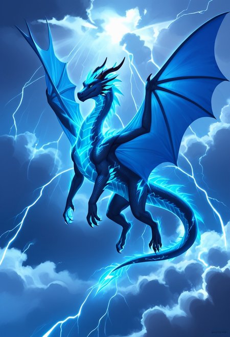 score_9, score_8_up, score_7_up, score_6_up, BREAK, mythical-dragon, lightning-dragon, black-dragon, ((glowing ombre from PURPLE to BLUE wings)), sheer wings, star-like patterns on the head, dragon horns, large eyes, (main body is black and dark gray), intricate wing details, claws, powerful pose, purple-blue glow, fantasy-dragon, elegant tail, sci-fi dragon, detailed head, detailed face, BREAK, (main body is mostly black, with glowing purple and blue details), BREAK, flying in a storm, magic, scifi, (stormy cloud background), tornado, purple-blue lightning, BREAK, high-detail, 8k resolution,  artstation quality, digital painting style, (masterpiece), ((dragon body)).