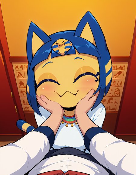(Masterpiece:1.0), (High Detailed Skin:1.0), (High Detailed Eyes:1.0), (High Quality:1.0), (Detailed Background:1.2), score_9, score_8_up, score_8, source_anime, volumetric lighting, BREAK,1girl, 1boy, ankha (animal crossing), happy, closed eyes, white shirt, cheek squash, hands on another's face, hands on another's cheeks, solo focus, pov hands, pale hands, male hands,  from above, indoors, house interior,<lora:Styles\NoctFlatStyleV2.safetensors:1.0:1.0> <lora:Detailers\WowifierXL-V2.safetensors:0.7000000000000001:0.7000000000000001> <lora:Characters\princess_xl_v2.safetensors:0.9:0.9> <lora:Detailers\hand 4.safetensors:1.0:1.0> <lora:Characters\Ankha_pXL_E3R16.safetensors:1:1> <lora:Poses\POVCheekSquash_XLPD.safetensors:1:1>,