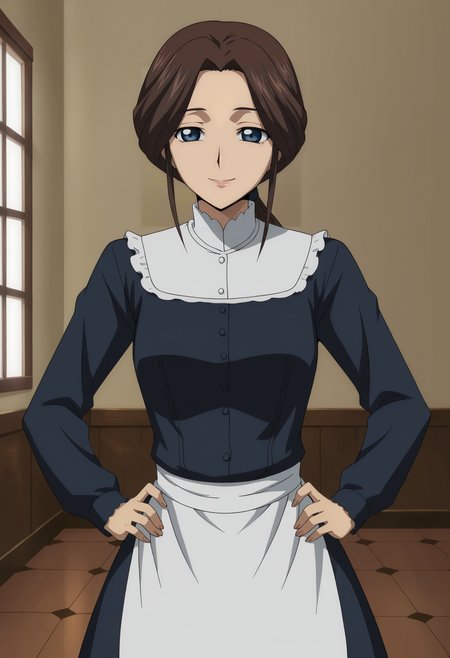 <lora:Kallens_Mother-Code_Geass:0.75>,km,mature famale,1girl,solo,brown hair,blue eyes,long hair,ponytail,maid,dress,long sleeves,apron,cowboy shot,hands on own hips,looking at viewer,indoors,smile