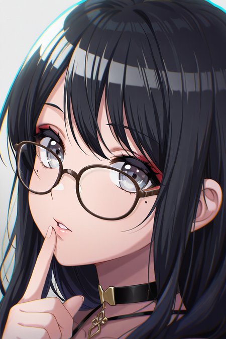 masterpiece, best quality, amazing quality,
 <lora:Toka_IL:1> toka, 1girl, solo, black hair, mole, portrait, long hair, bangs, mole under eye, parted lips, chromatic aberration, choker, glasses, makeup, finger to lips, grey eyes, looking at viewer