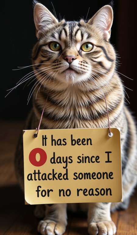 a housecat with a sign hanging around it's neck that says:

"It has been 0 days since I attacked someone for no reason".

The "0" is in red and underlined in black.

very smug cat expression.