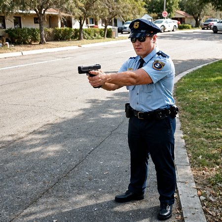 GLOCKG, (high quality raw (((full body photo))) of male police officer aiming a glock pistol to the left), while standing in the street with police cars in background 
 <lora:Glock_Pistol__Gun__Firearm_PONY:1.0>