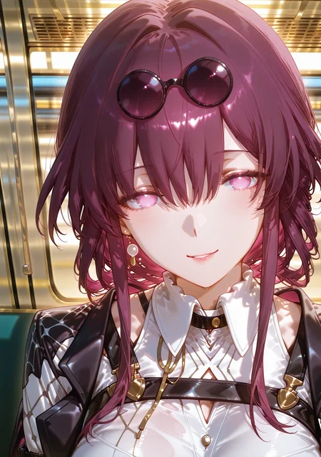 1girl,<lora:arlanmistyle2:1>,arlanmistyle,looking at viewer,upper body,
kafka \(honkai: star rail\),smile,
train interior,