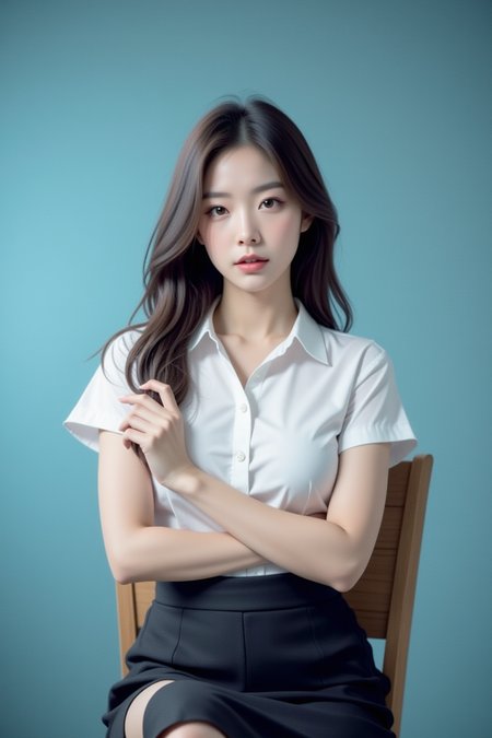 [4][24_94]<lora:SofiaFluxV1:1>, Realistic photograph, masterpiece, Against a soft, true gradient blue background, a stunning real large breasts Japanese woman with long, flowing dark hair, her piercing gaze directly addressing the viewer. skirt, looking at viewer, indoors, realistic, shirt, short sleeves, brown eyes, pencil skirt, lips, white shirt, black skirt, chair, collared shirt, artist name
