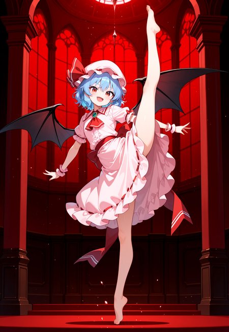(masterpiece, very awa, best quality:1.2), absurdres, newest, highres,  aesthetic, high quality,

1girl, solo, looking at viewer,

(detailed background, scarlet devil mansion), light particles,

smile, open mouth, fang, wings, open hands,

(touhou, Remilia scarlet, pink skirt),
standing split, tiptoes, vertical split, (barefoot), standing on one tiptoe, balancing,