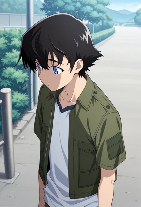 masterpiece,best quality,amazing quality, source_anime, 
YukiteruAmano, 1boy, male focus, solo, blue eyes, black hair, shirt, white shirt, collarbone, jacket, green jacket, short sleeves, outdoor,