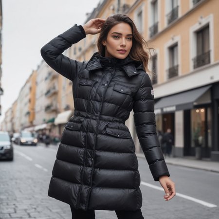 (hands in the air: 1.5), cute woman wearing a long black knee length moncler_hermine jacket in a street, hyperdetailed photography,4k textures,intricate details,4k resolution   ,  <lora:moncler_hermine_v1_r2-000007:0.3>  <lora:add-detail-xl:1>
