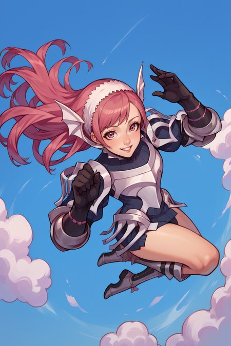score_9, score_8_up, score_7_up, score_6_up, source_anime BREAK 1girl, solo,  <lora:fecherche-pdxl-nvwls-v1-000005:1> defcherche, pink hair, white hairband, headgear, armor, armored dress, gauntlets, black gloves, armored boots, jumping, midair, from above, looking at you, blue sky, blue background, clouds, happy