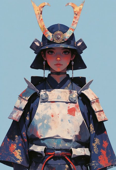 This image is a highly detailed photograph depicting a samurai warrior, rendered in a traditional Japanese style. The samurai is dressed in a full set of armor, consisting of a layered, intricate outfit. The armor includes a white, textured breastplate with intricate patterns and a large, ornate helmet adorned with red and blue designs. The helmet has two large, curved, black horns with intricate patterns and a red, swirling design at the top. The samurai's face is partially obscured by the helmet, but their serene expression suggests a calm, focused demeanor. The samurai's attire also features a richly patterned, dark blue kimono with a geometric honeycomb design and a red sash tied around the waist, adding to the traditional aesthetic.
The background is a soft sky blue, which complements the vivid colors of the armor, making the warrior stand out even more as the focal point. The textures of the armor are meticulously detailed, showcasing the intricate patterns and folds, giving a sense of depth and realism. The overall composition is balanced and harmonious, emphasizing the warrior's strength and dignity through their attire and posture.