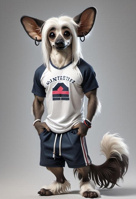 score_9, score_8_up, score_7_up, score_6_up, score_5_up, score_4_up, photorealistic, realistic, masterpiece), furry male, detailed face, detailed eyes, detailed hair, detailed fur, solo, Fur-GnS, white Goatee, Chin Goatee, Facial Hair, white Sideburns, muttonchops, 
BREAK
Chinese_Crested, Chinese crested, anthro dog, big ears, white fur, pink skin, brown skin blotches, furry wrists, furry ankles, furry ears, fluffy ears, furry tail, curled tail, black nose, brown eyes, cartoon eyes, anime eyes, speedo, white sclera, brown snout, T-shirt, shorts, earrings, skateboarding 
BREAK
BlckSd-Style, blacksad, inked lines, hand drawn, watercolor, furry, anthropomorphic animals
<lora:add-detail-xl:1.5>