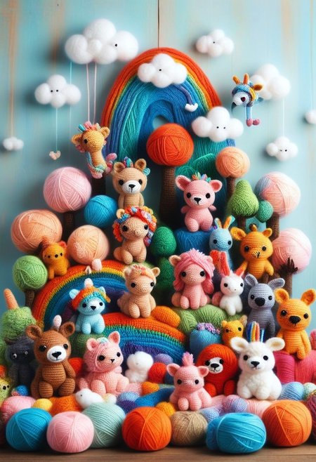 score_9, score_8_up, score_7_up, Yarnworld, rainbow colors, chibi animals, made of yarn, cute design, 
colorful detailed background,