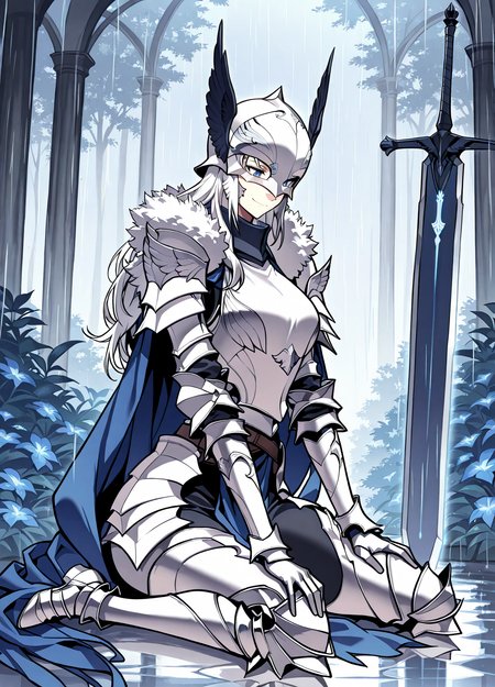 <lora:Artemis__The_Return_of_the_Disaster-Class_Hero__Illustrious:1>
1 girl, solo, blue eyes, long hair, white hair, breaid
knight, white armor, white breastplace, blue cape, white helmet, winged helhelmet, white gauntlets, fur trim, mask, shoulder armor, pauldrons, greaves, full armor, greatsword,  <lora:DetailedEyes_V3:1>
score_9, score_8_up, score_7_up, very aesthetic, source_anime, detailed, high quality, beautiful, detailed eyes, masterpiece, best quality, absurdres, perfect anatomy, 1girl, solo, wariza, sitting, hands on own knees, garden background, charming smile, rain